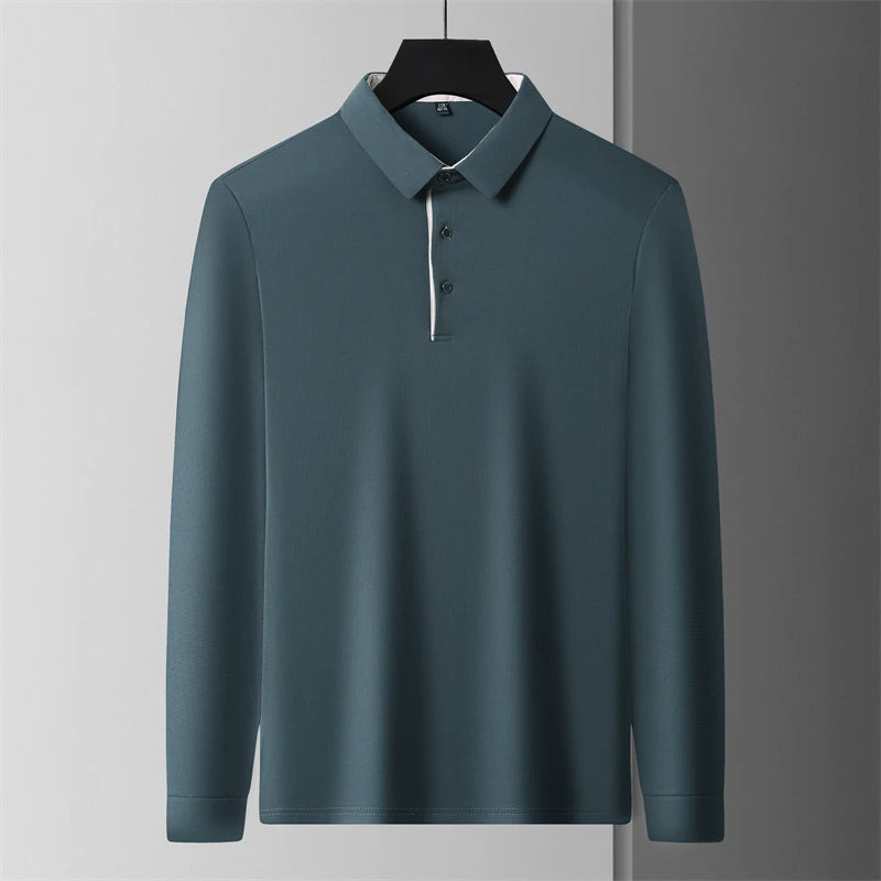 New Men's Business Casual Long Sleeve Solid Color Polo Shirt Fashionable Warm Comfortable Four Seasons Versatile Top