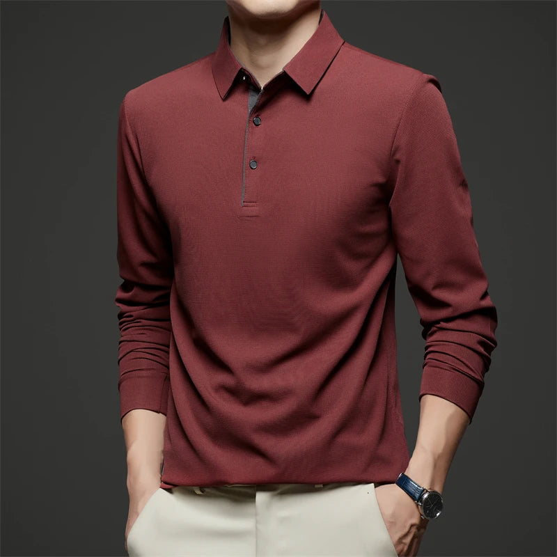 New Men's Business Casual Long Sleeve Solid Color Polo Shirt Fashionable Warm Comfortable Four Seasons Versatile Top