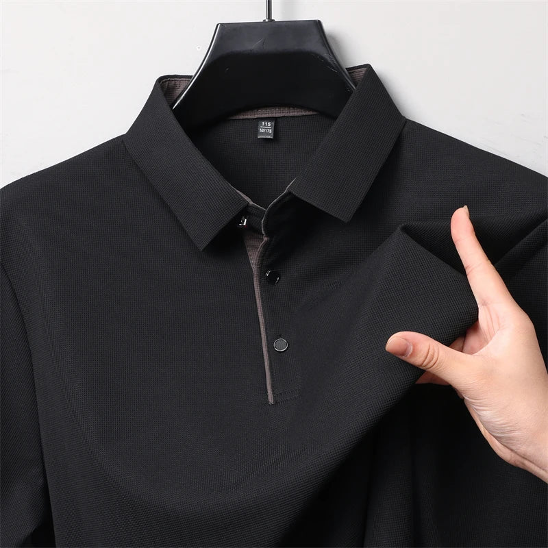 New Men's Business Casual Long Sleeve Solid Color Polo Shirt Fashionable Warm Comfortable Four Seasons Versatile Top