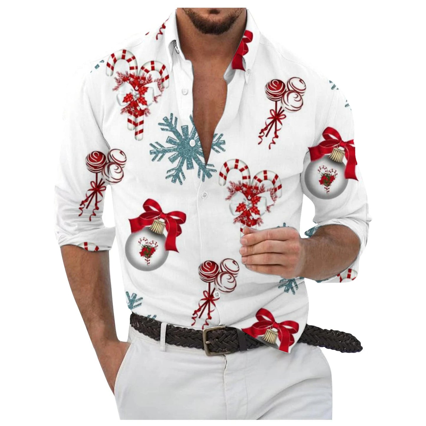 Christmas Style Men's Stylish Long Sleeve Shirt Breathable Red Tops Christmas Themed Pattern Full Sleeve Shirts Turn-Down Collar