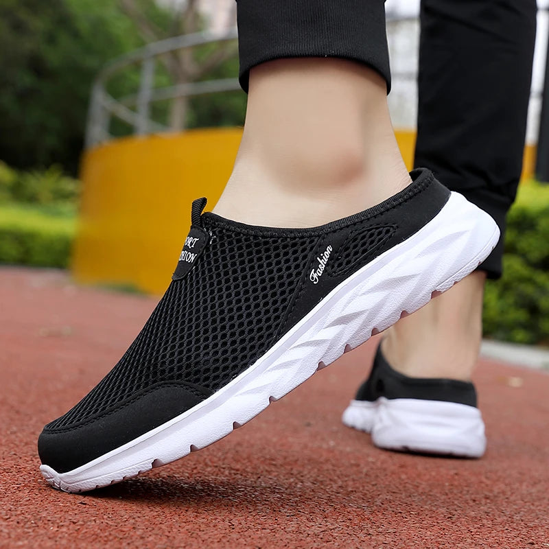 YRZL Mens Half Slippers Summer Breathable Mesh Mens Shoes Outdoor Casual Walking Shoes Large Flat Light Mesh Slippers Sandals