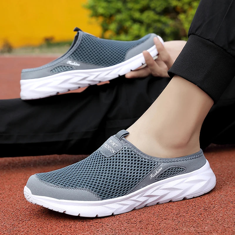 YRZL Mens Half Slippers Summer Breathable Mesh Mens Shoes Outdoor Casual Walking Shoes Large Flat Light Mesh Slippers Sandals