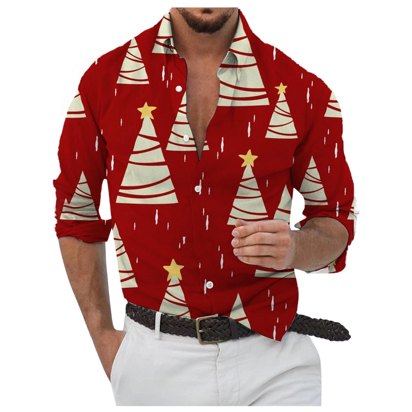 Christmas Style Men's Stylish Long Sleeve Shirt Breathable Red Tops Christmas Themed Pattern Full Sleeve Shirts Turn-Down Collar