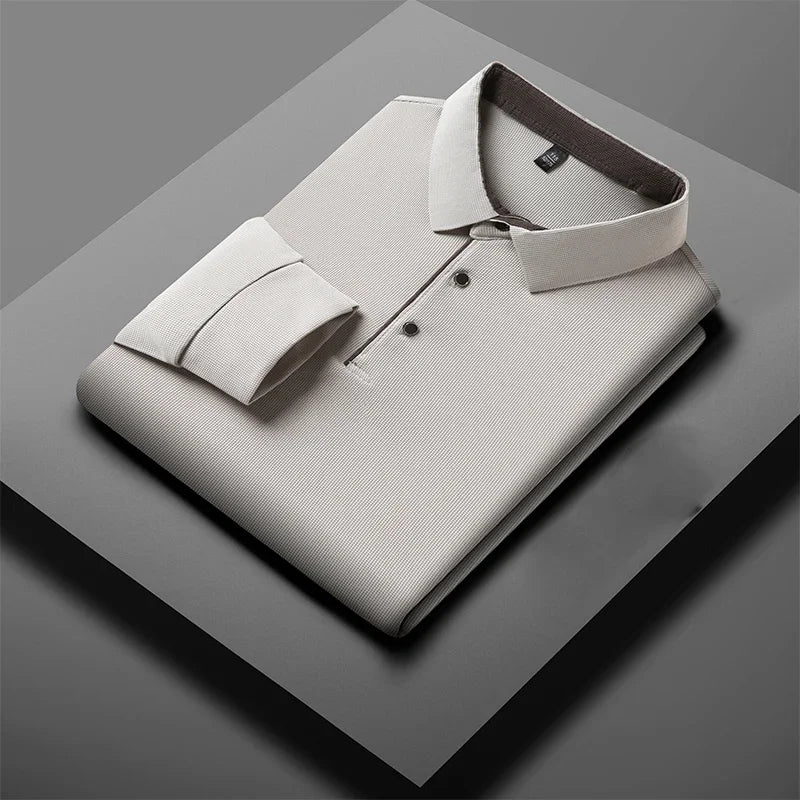 New Men's Business Casual Long Sleeve Solid Color Polo Shirt Fashionable Warm Comfortable Four Seasons Versatile Top