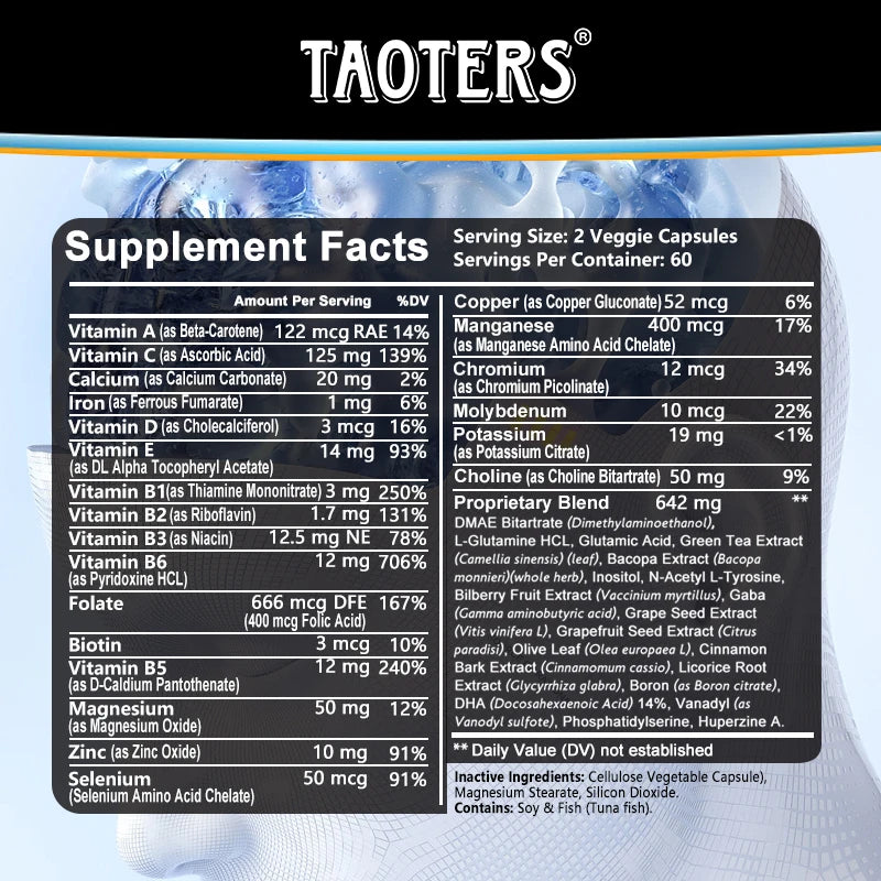 Multivitamin & Multimineral, Nootropic Brain Support Supplement, Supports Memory, Concentration & Alertness, 120 Capsules