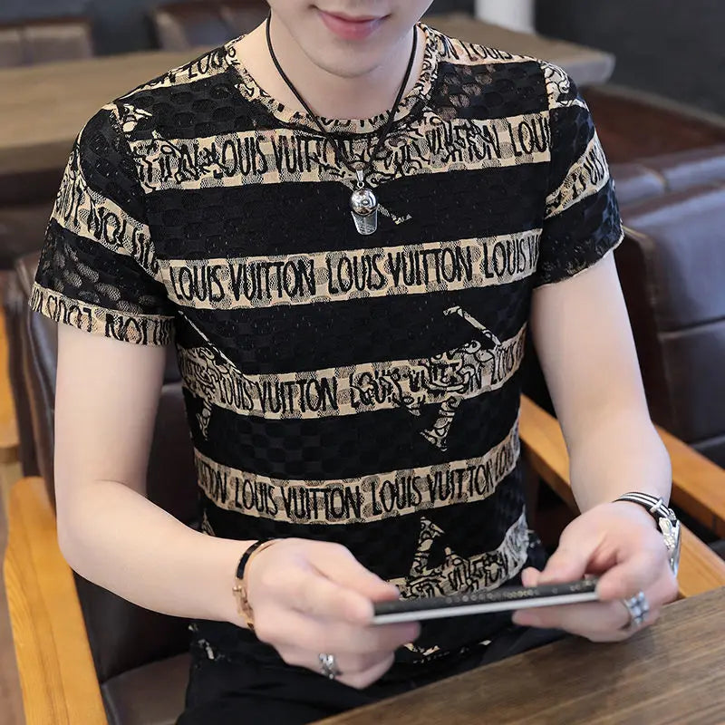Slim Men's T-shirt Fit Rock Hip Hop Mens Tee Shirts Alphabet Clothes Drawings Streetwear Aesthetic White Striped Ordinary Xl Top