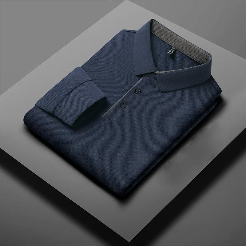 New Men's Business Casual Long Sleeve Solid Color Polo Shirt Fashionable Warm Comfortable Four Seasons Versatile Top