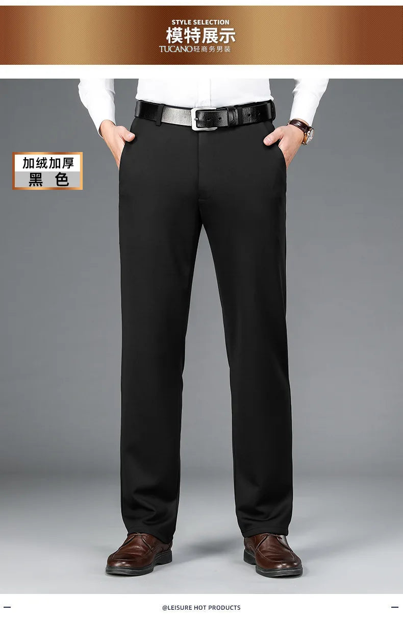 Fit Straight Men's Winter Pants Warm Fleece Thick Classic High Waist Business Casual Pants Youth Trousers 40