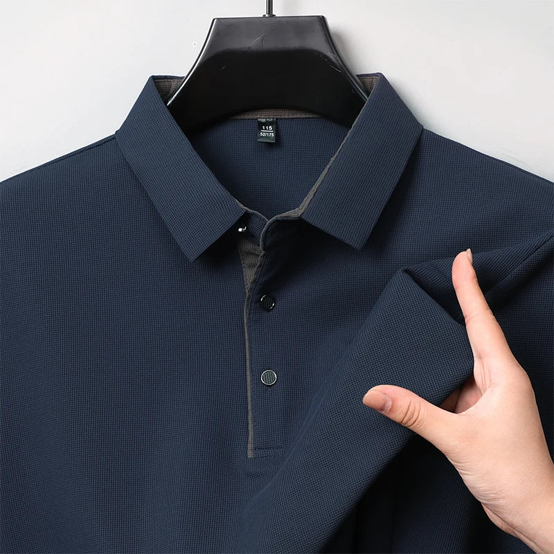 New Men's Business Casual Long Sleeve Solid Color Polo Shirt Fashionable Warm Comfortable Four Seasons Versatile Top