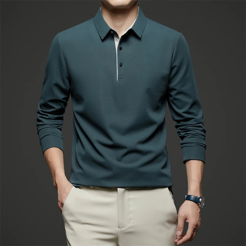 New Men's Business Casual Long Sleeve Solid Color Polo Shirt Fashionable Warm Comfortable Four Seasons Versatile Top