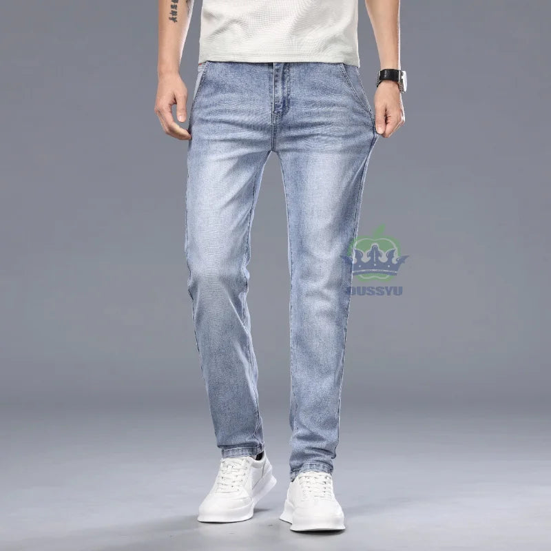 Luxury Spring Summer Cotton Classics Embroidery Men's Jeans Slim Denim Pants Blue Work Korea Skinny Trousers Male Plus Size 40