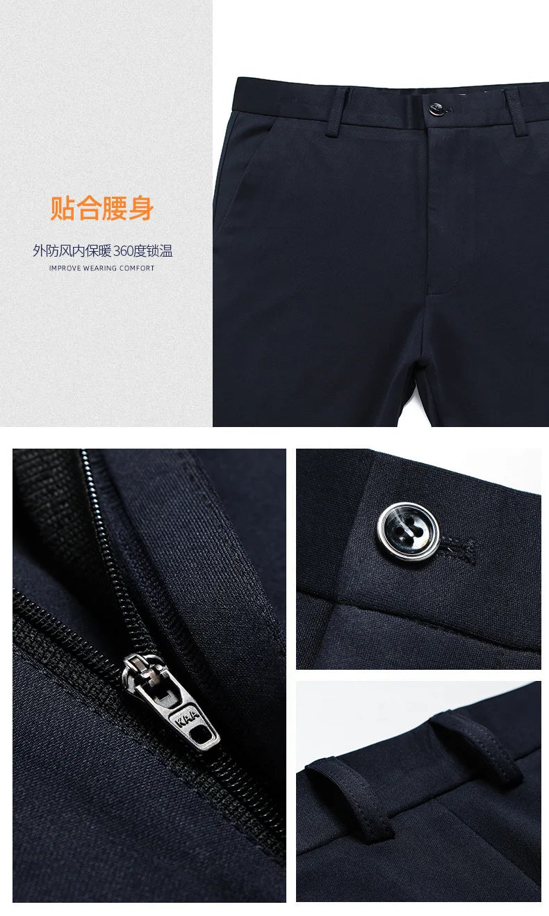 Fit Straight Men's Winter Pants Warm Fleece Thick Classic High Waist Business Casual Pants Youth Trousers 40