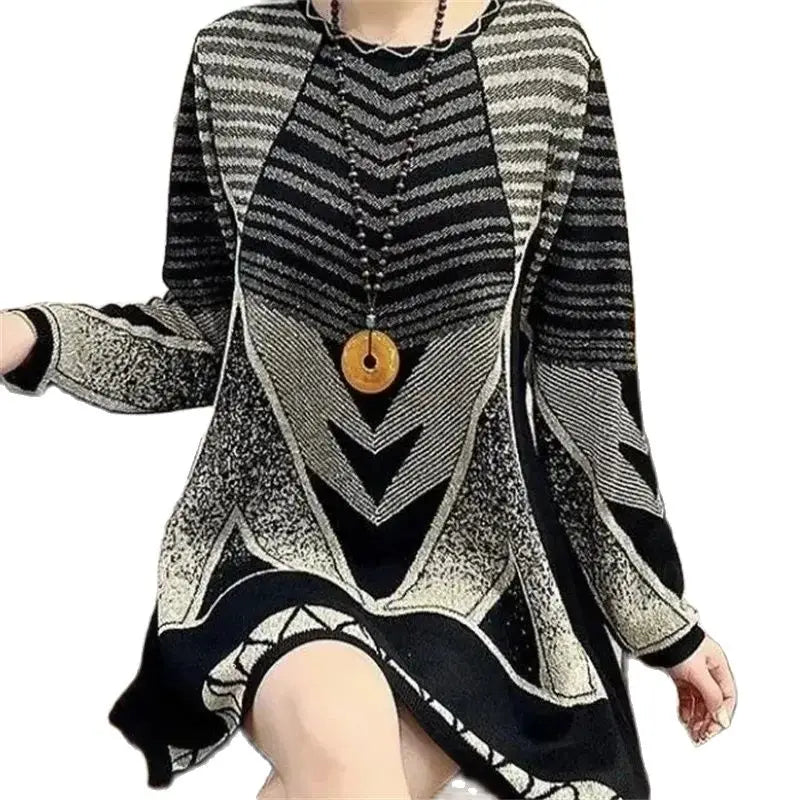 NEW Mid Length Pullover Sweater Women Autumn Winter Knit Jumper Middle Aged Mother O-Neck Loose Stretch Knitwear