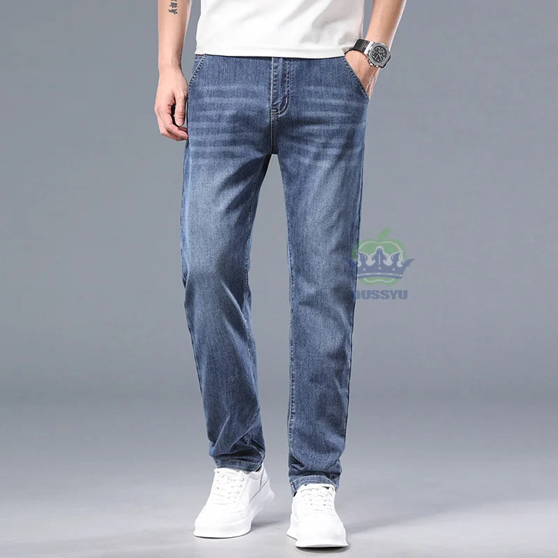 Luxury Spring Summer Cotton Classics Embroidery Men's Jeans Slim Denim Pants Blue Work Korea Skinny Trousers Male Plus Size 40