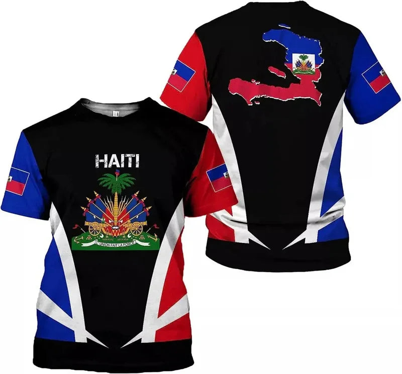Haitian Flag Pattern Men's T-shirt 3D Printed Haiti National Emblem Short Sleeves Fashion Tops T Shirts National Day Tee Shirt