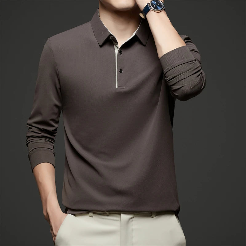 New Men's Business Casual  Long Sleeve Solid Color Polo Shirt Fashionable Warm Comfortable Four Seasons Versatile Top