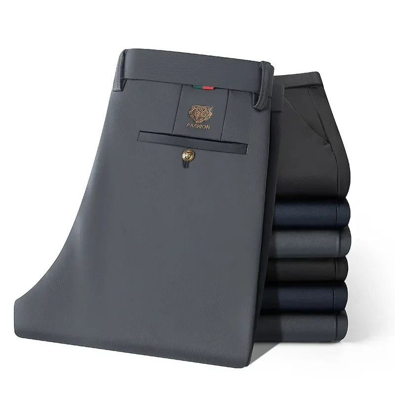 Fit Straight Men's Winter Pants Warm Fleece Thick Classic High Waist Business Casual Pants Youth Trousers 40