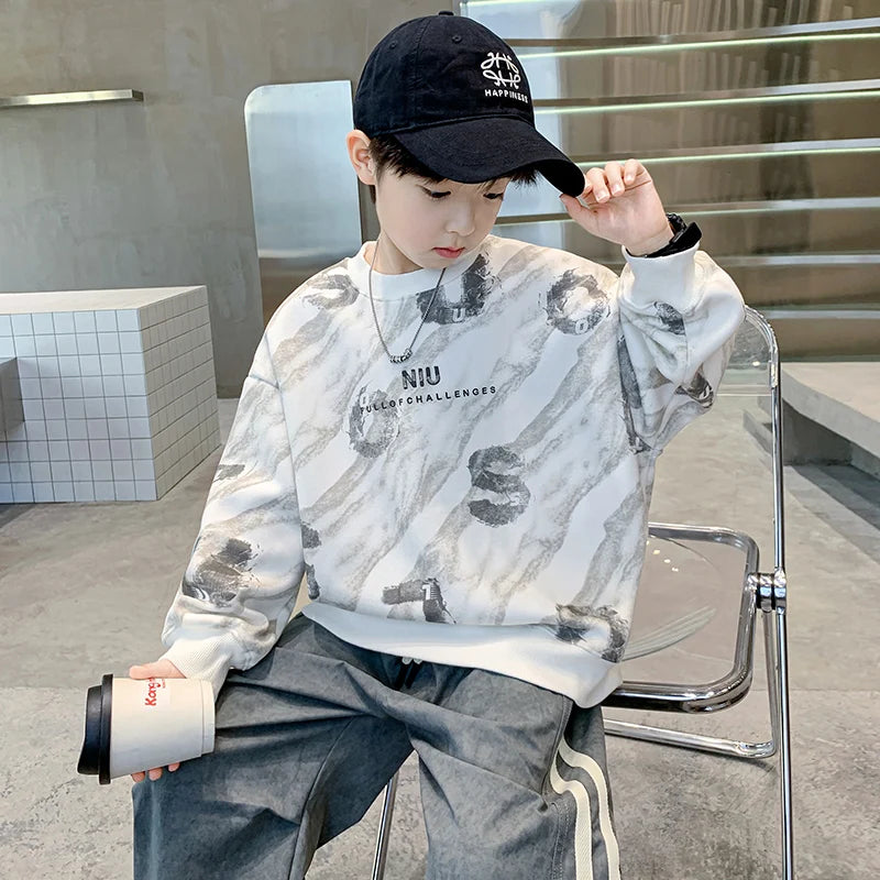 2024 Fashion Kids New In Sweatshirts For Boys Vintage Print Long Sleeve Tshirt For Teenagers Cool Autumn Tee Tops Sweatershirt