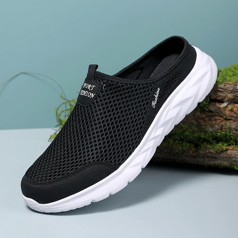 YRZL Mens Half Slippers Summer Breathable Mesh Mens Shoes Outdoor Casual Walking Shoes Large Flat Light Mesh Slippers Sandals