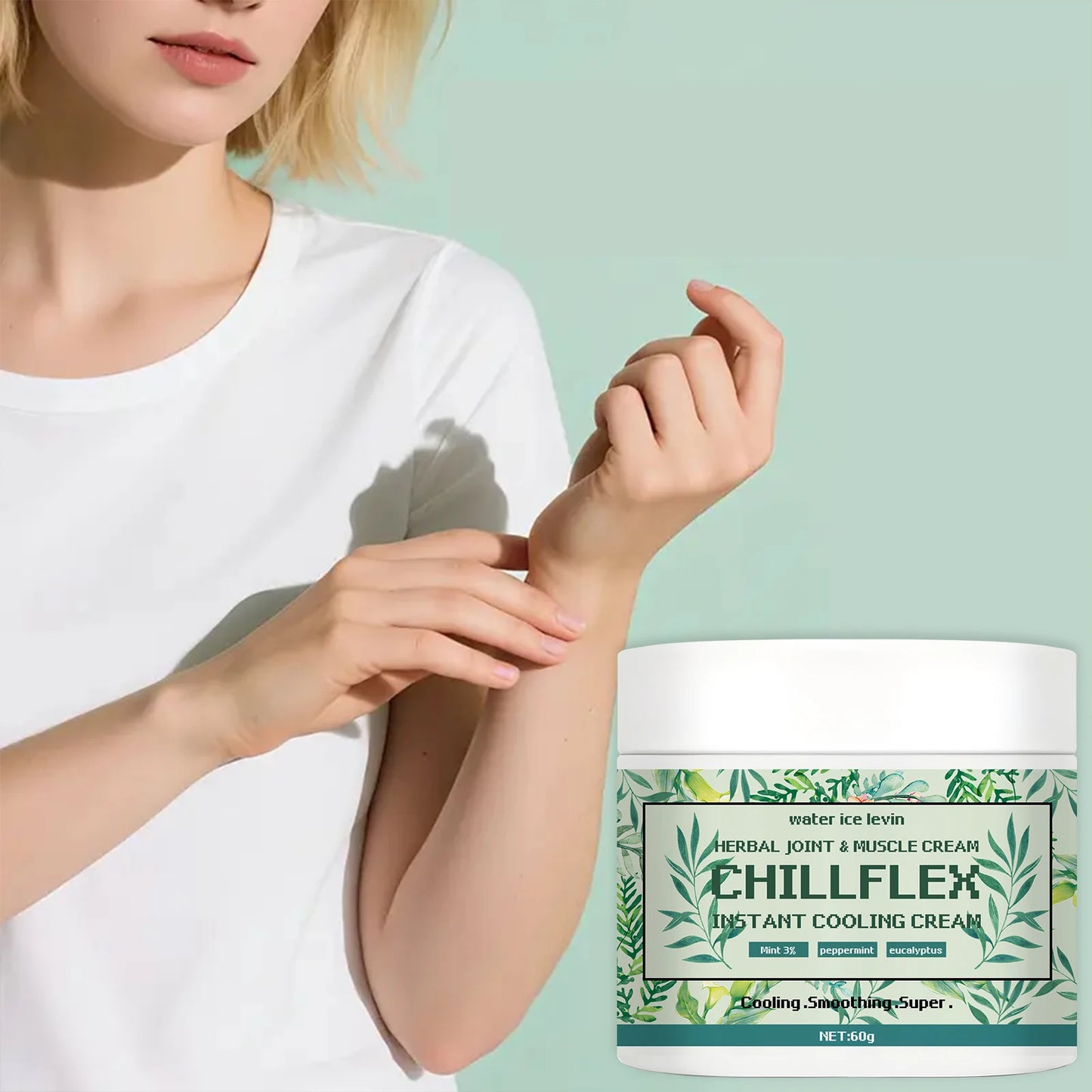 Water Ice Levin CHILLFLEH Cream: Instant Cooling Herbal Relief with Mint & Eucalyptus for Joints & Muscles. 60g.