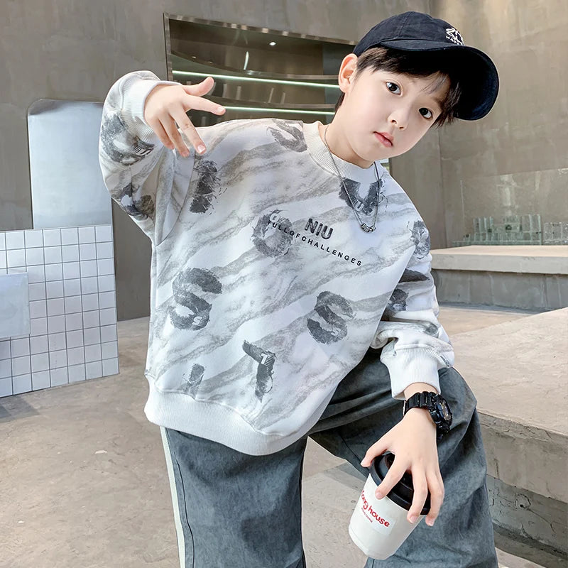 2024 Fashion Kids New In Sweatshirts For Boys Vintage Print Long Sleeve Tshirt For Teenagers Cool Autumn Tee Tops Sweatershirt
