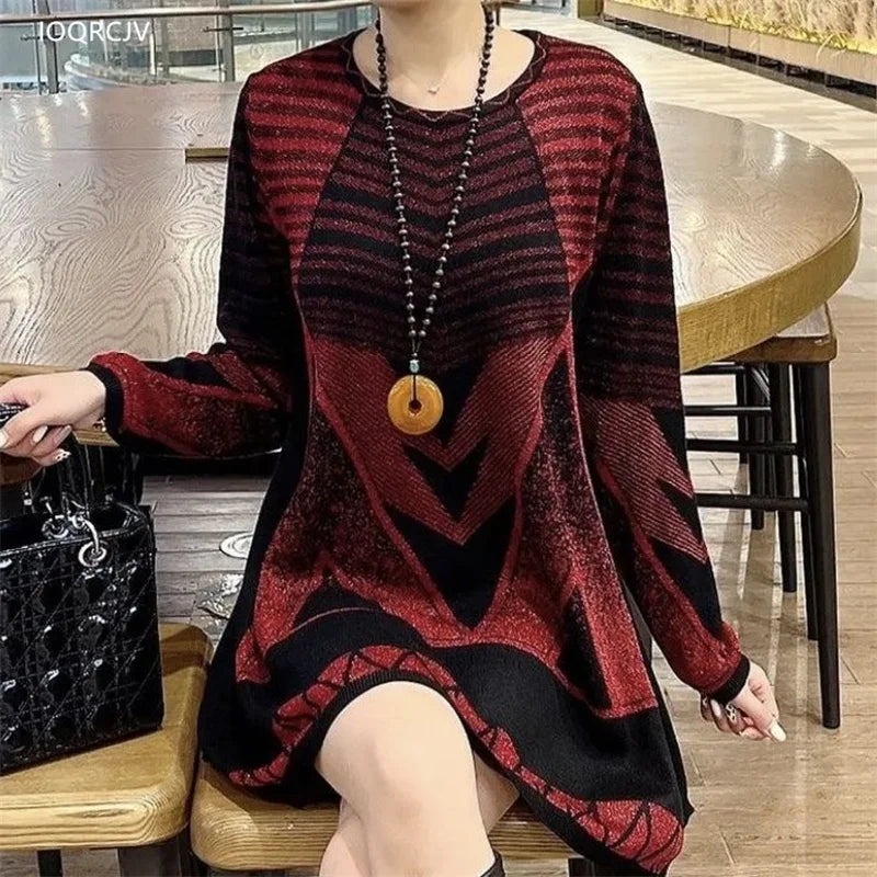 NEW Mid Length Pullover Sweater Women Autumn Winter Knit Jumper Middle Aged Mother O-Neck Loose Stretch Knitwear