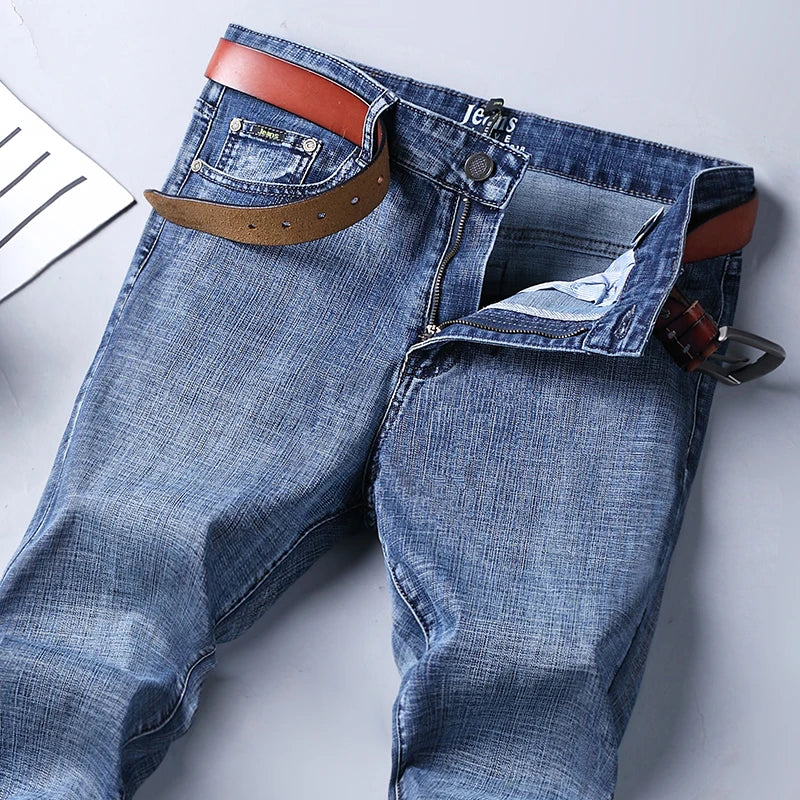 Business Men's Jeans Casual Straight Stretch Fashion Classic Blue Work Denim Trousers Male WTHINLEE Brand Clothing Size 28-40
