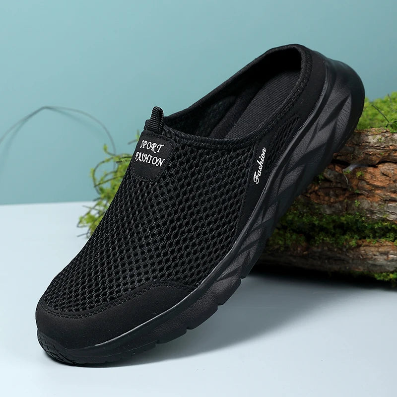 YRZL Mens Half Slippers Summer Breathable Mesh Mens Shoes Outdoor Casual Walking Shoes Large Flat Light Mesh Slippers Sandals