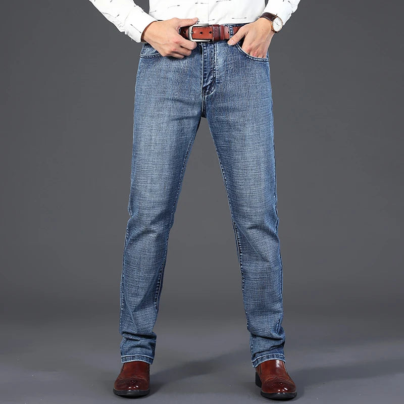 Business Men's Jeans Casual Straight Stretch Fashion Classic Blue Work Denim Trousers Male WTHINLEE Brand Clothing Size 28-40