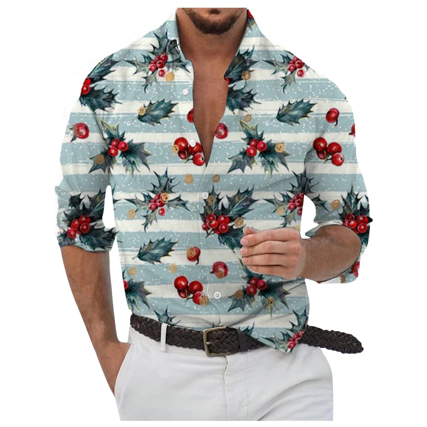 Christmas Style Men's Stylish Long Sleeve Shirt Breathable Red Tops Christmas Themed Pattern Full Sleeve Shirts Turn-Down Collar