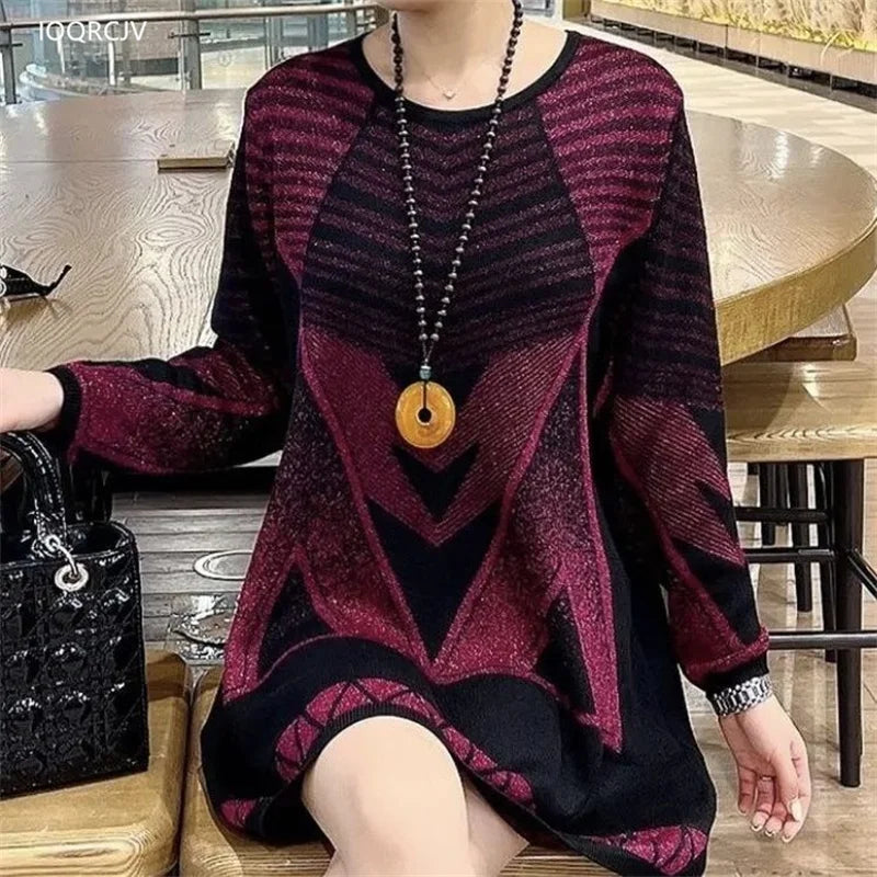 NEW Mid Length Pullover Sweater Women Autumn Winter Knit Jumper Middle Aged Mother O-Neck Loose Stretch Knitwear