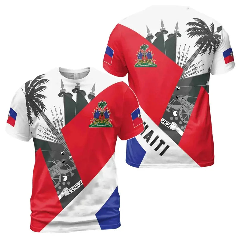 Haitian Flag Pattern Men's T-shirt 3D Printed Haiti National Emblem Short Sleeves Fashion Tops T Shirts National Day Tee Shirt