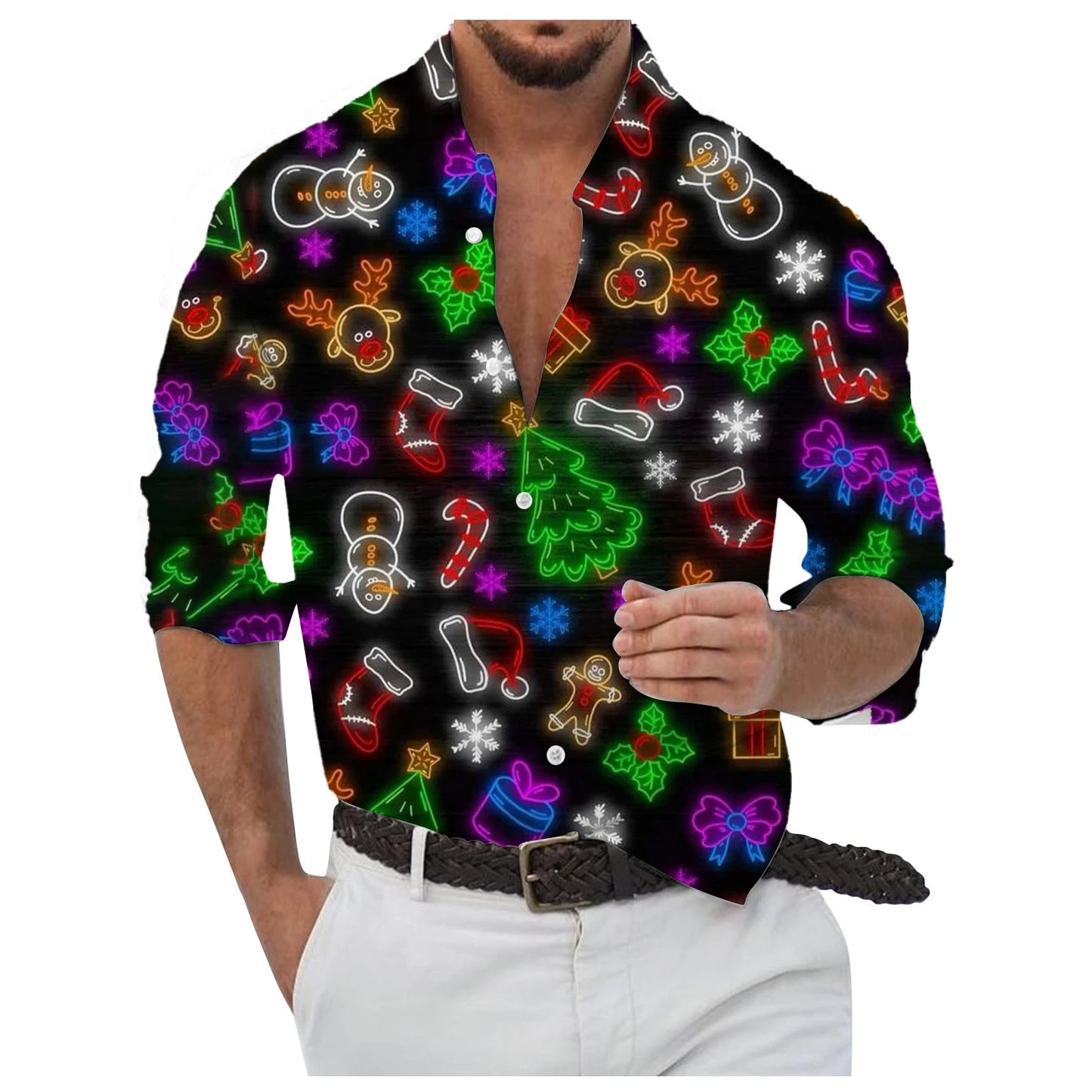 Christmas Style Men's Stylish Long Sleeve Shirt Breathable Red Tops Christmas Themed Pattern Full Sleeve Shirts Turn-Down Collar