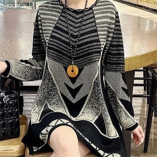 NEW Mid Length Pullover Sweater Women Autumn Winter Knit Jumper Middle Aged Mother O-Neck Loose Stretch Knitwear