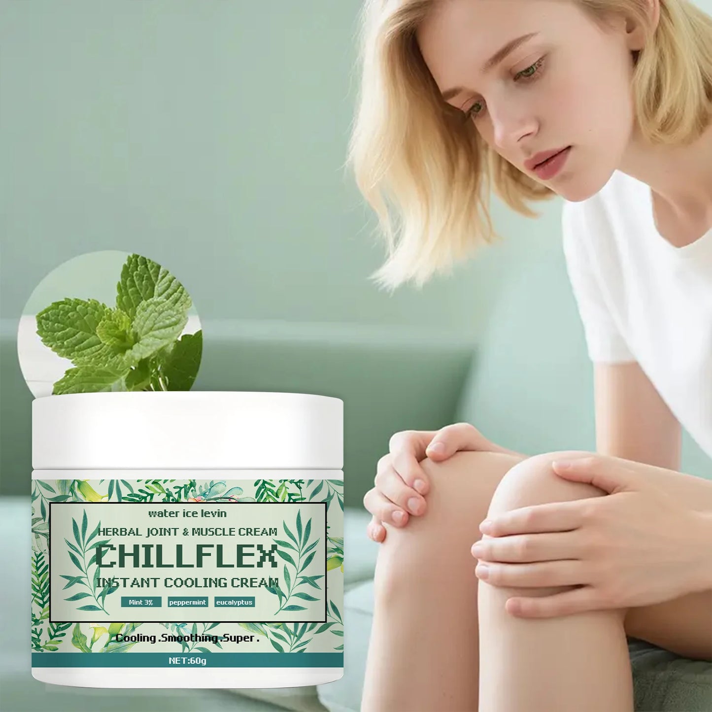 Water Ice Levin CHILLFLEH Cream: Instant Cooling Herbal Relief with Mint & Eucalyptus for Joints & Muscles. 60g.