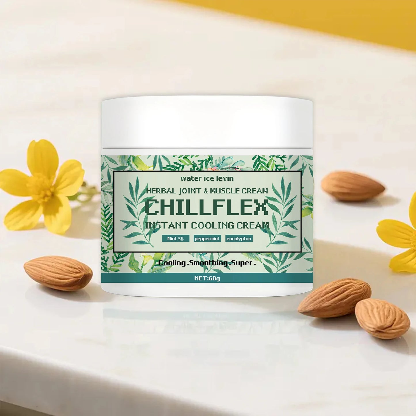 Water Ice Levin CHILLFLEH Cream: Instant Cooling Herbal Relief with Mint & Eucalyptus for Joints & Muscles. 60g.