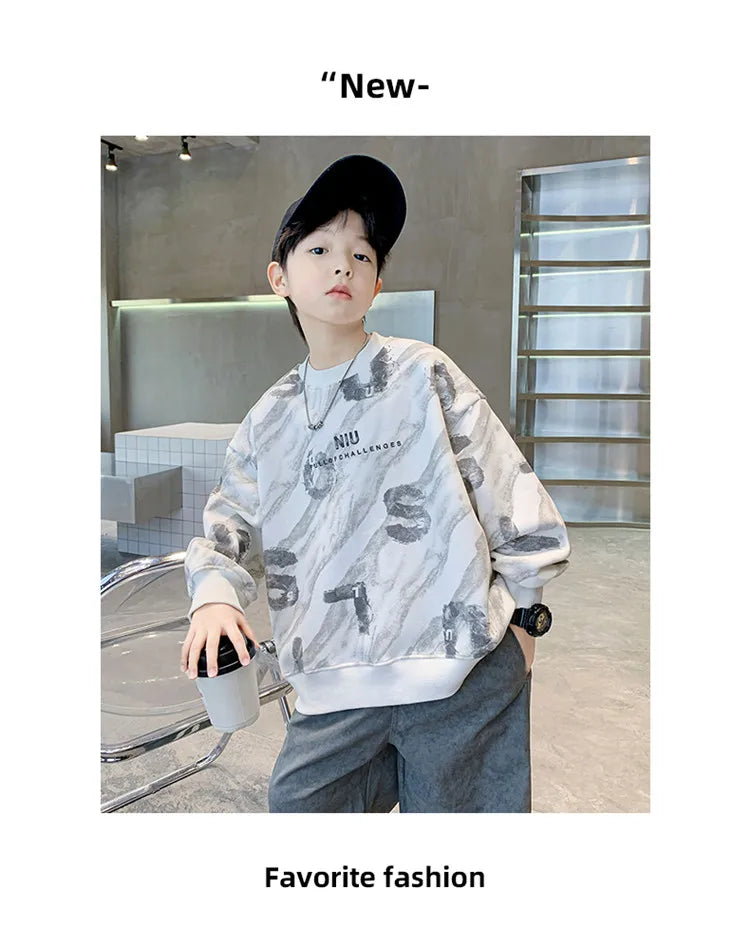 2024 Fashion Kids New In Sweatshirts For Boys Vintage Print Long Sleeve Tshirt For Teenagers Cool Autumn Tee Tops Sweatershirt