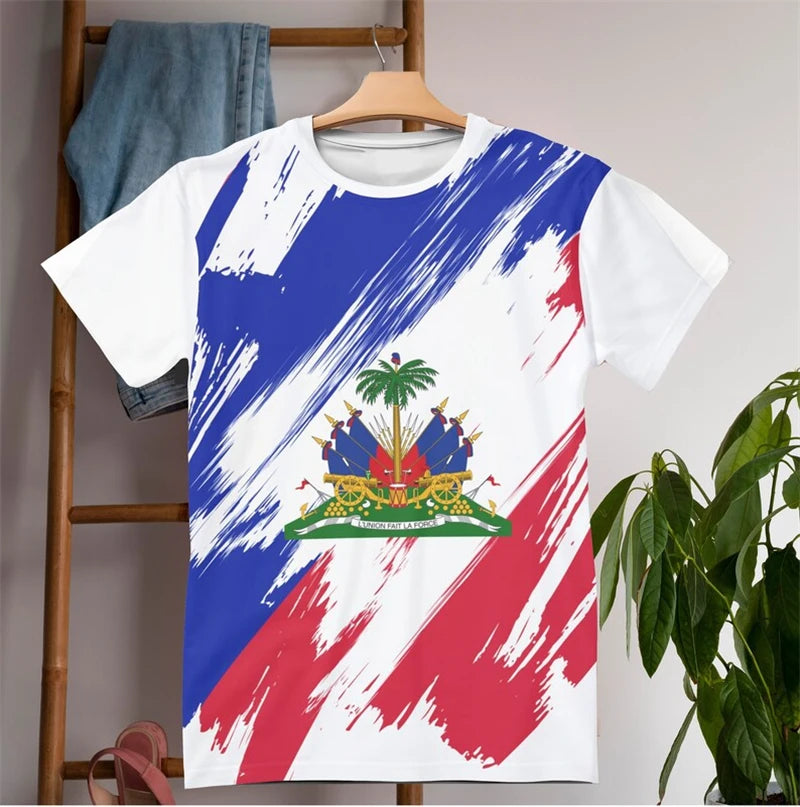 Haitian Flag T-shirt Men 3D Print Haiti Emblem Symbol Vintage T Shirts Summer Fashion Streetwear Short Sleeve Y2k Mens Clothing