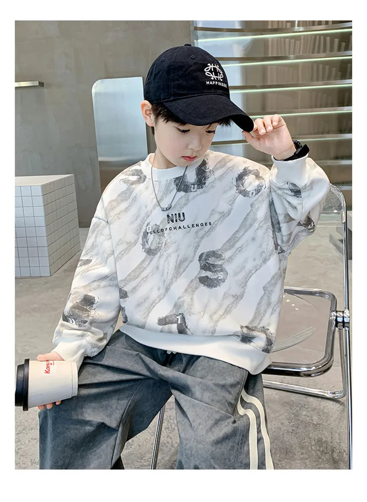2024 Fashion Kids New In Sweatshirts For Boys Vintage Print Long Sleeve Tshirt For Teenagers Cool Autumn Tee Tops Sweatershirt
