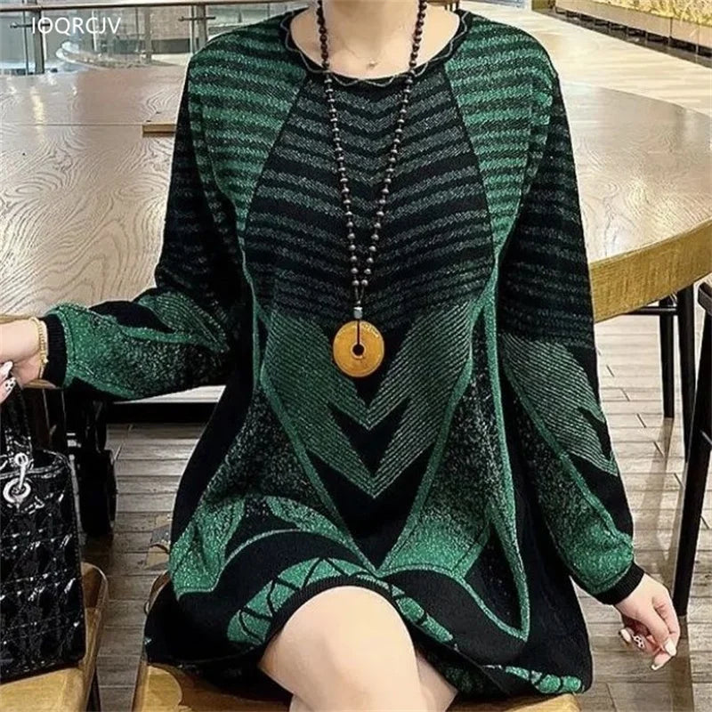 NEW Mid Length Pullover Sweater Women Autumn Winter Knit Jumper Middle Aged Mother O-Neck Loose Stretch Knitwear