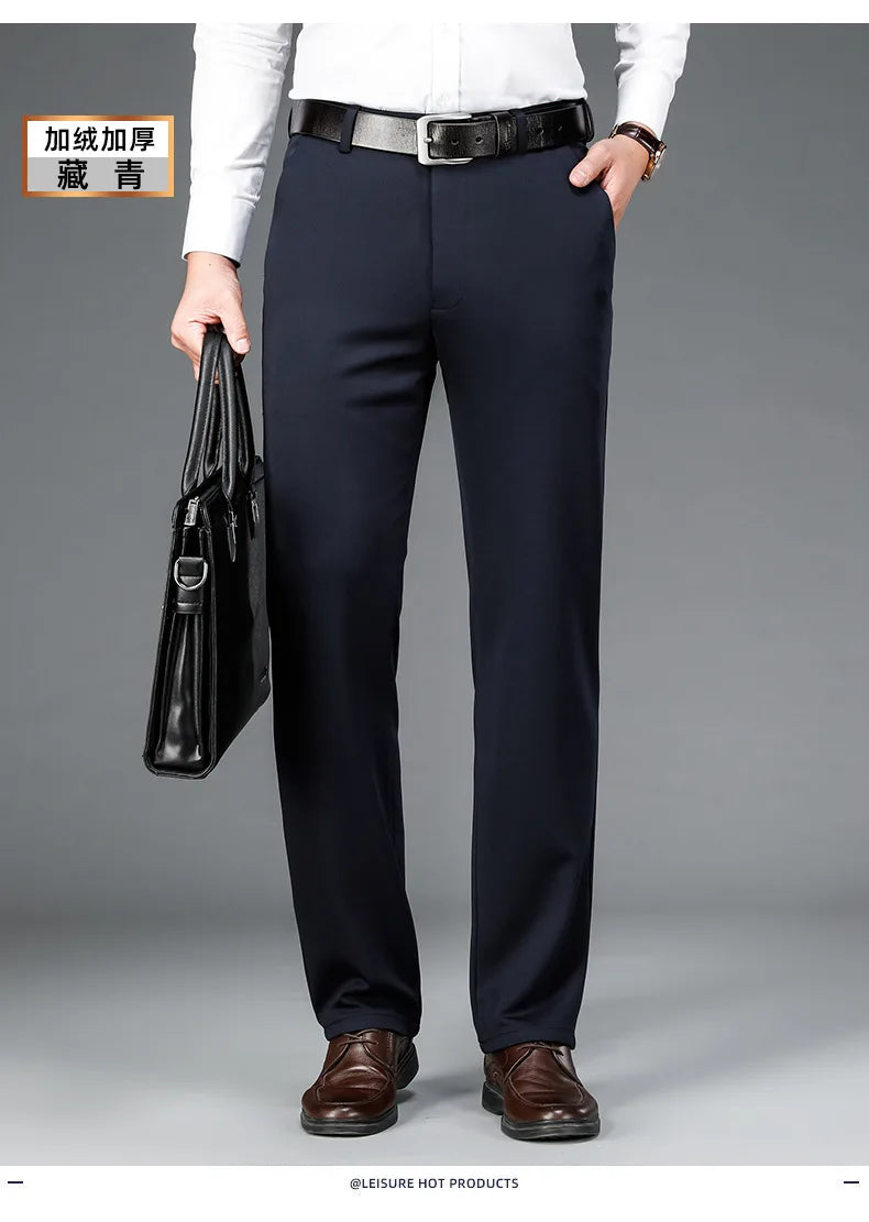 Fit Straight Men's Winter Pants Warm Fleece Thick Classic High Waist Business Casual Pants Youth Trousers 40
