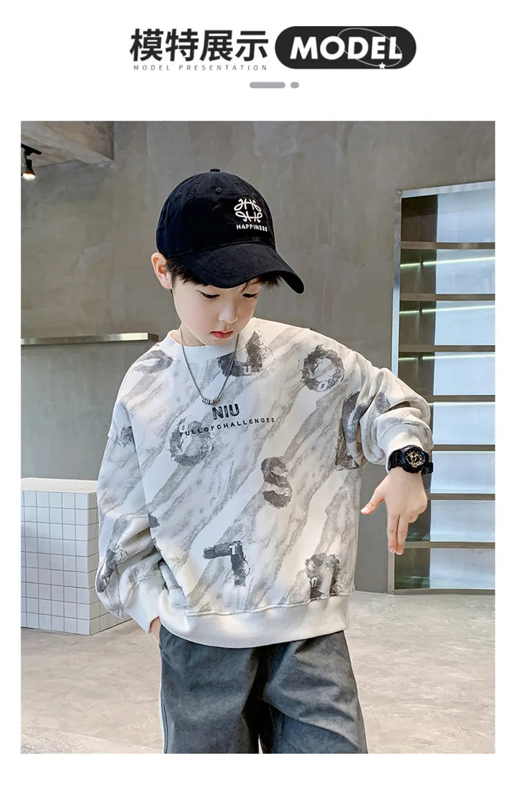 2024 Fashion Kids New In Sweatshirts For Boys Vintage Print Long Sleeve Tshirt For Teenagers Cool Autumn Tee Tops Sweatershirt