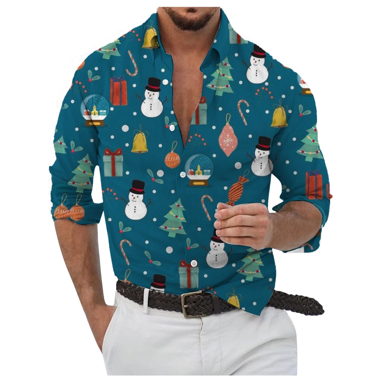 Christmas Style Men's Stylish Long Sleeve Shirt Breathable Red Tops Christmas Themed Pattern Full Sleeve Shirts Turn-Down Collar