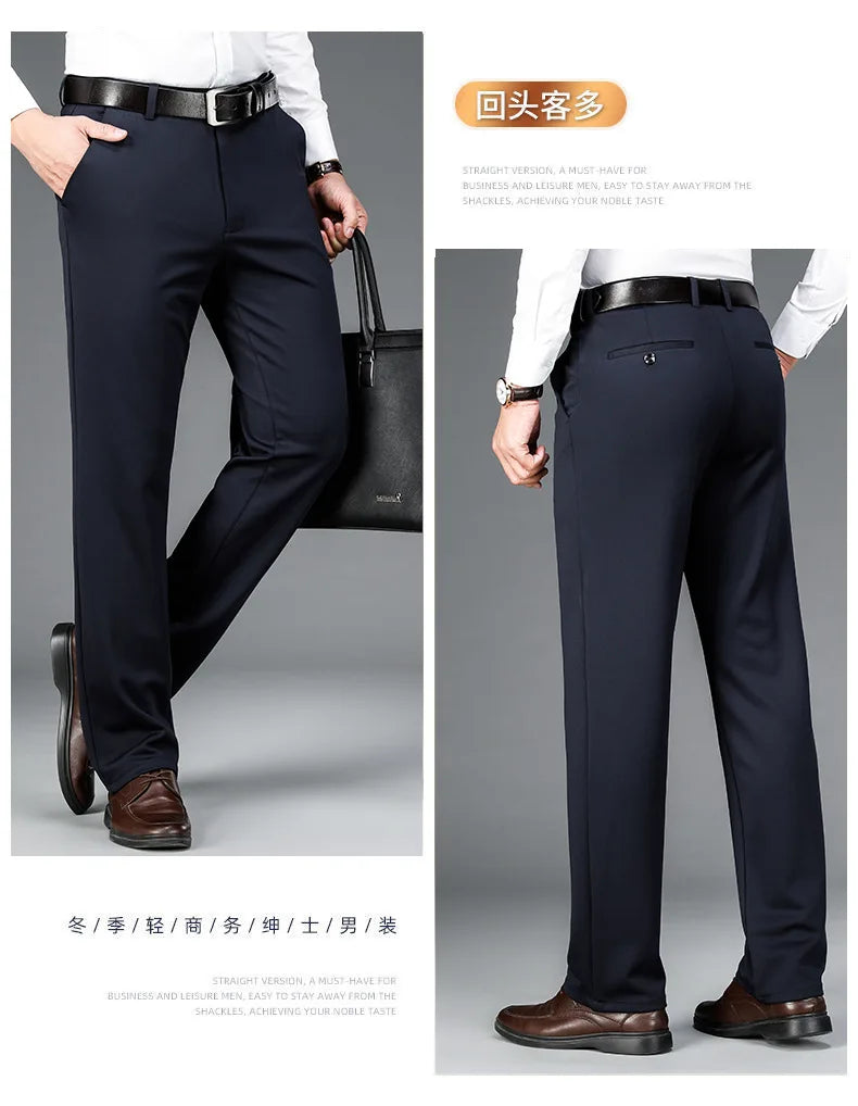 Fit Straight Men's Winter Pants Warm Fleece Thick Classic High Waist Business Casual Pants Youth Trousers 40