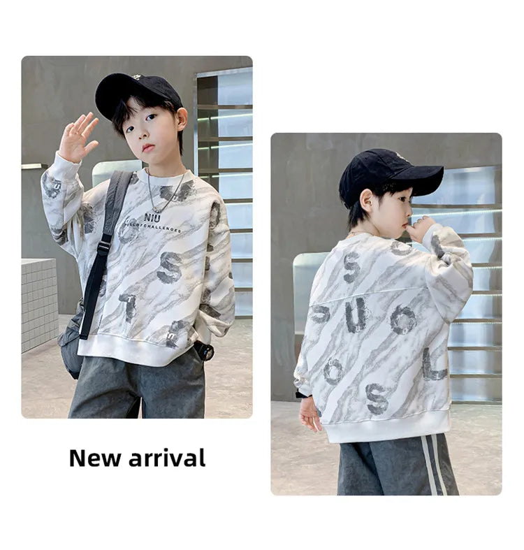 2024 Fashion Kids New In Sweatshirts For Boys Vintage Print Long Sleeve Tshirt For Teenagers Cool Autumn Tee Tops Sweatershirt