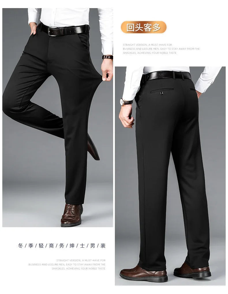 Fit Straight Men's Winter Pants Warm Fleece Thick Classic High Waist Business Casual Pants Youth Trousers 40