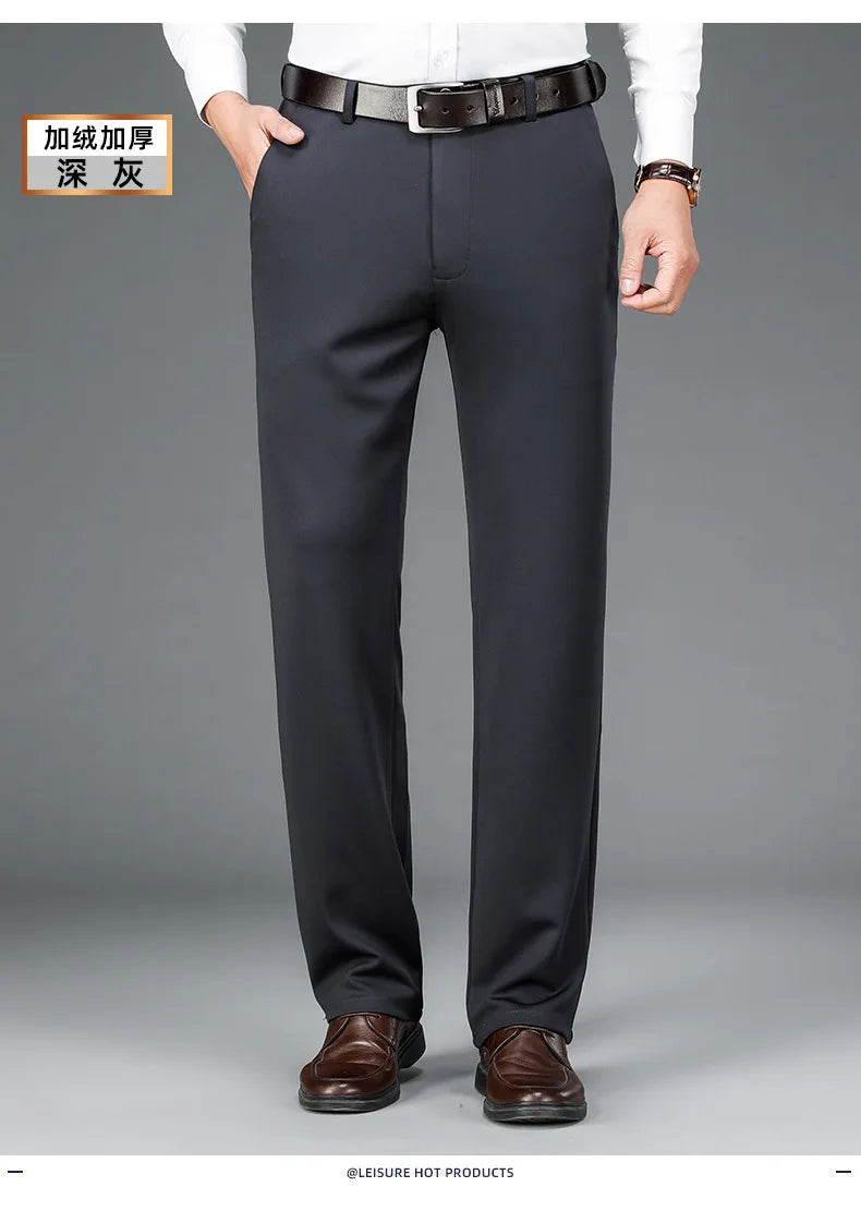 Fit Straight Men's Winter Pants Warm Fleece Thick Classic High Waist Business Casual Pants Youth Trousers 40