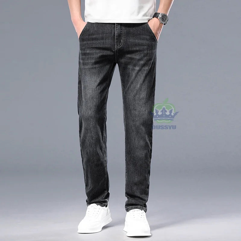Luxury Spring Summer Cotton Classics Embroidery Men's Jeans Slim Denim Pants Blue Work Korea Skinny Trousers Male Plus Size 40