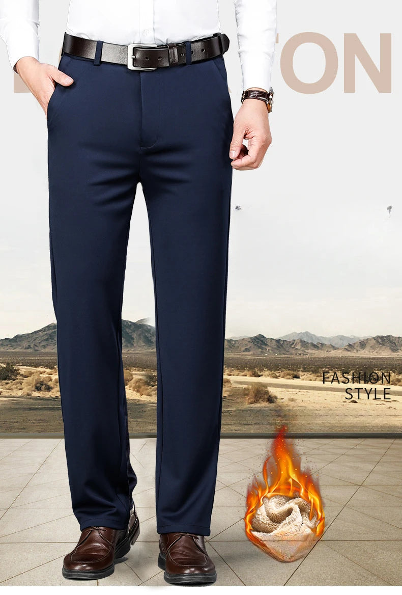 Fit Straight Men's Winter Pants Warm Fleece Thick Classic High Waist Business Casual Pants Youth Trousers 40