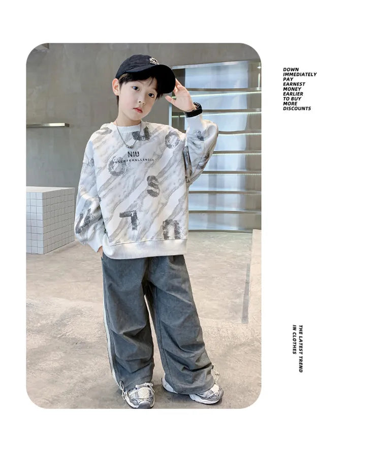 2024 Fashion Kids New In Sweatshirts For Boys Vintage Print Long Sleeve Tshirt For Teenagers Cool Autumn Tee Tops Sweatershirt